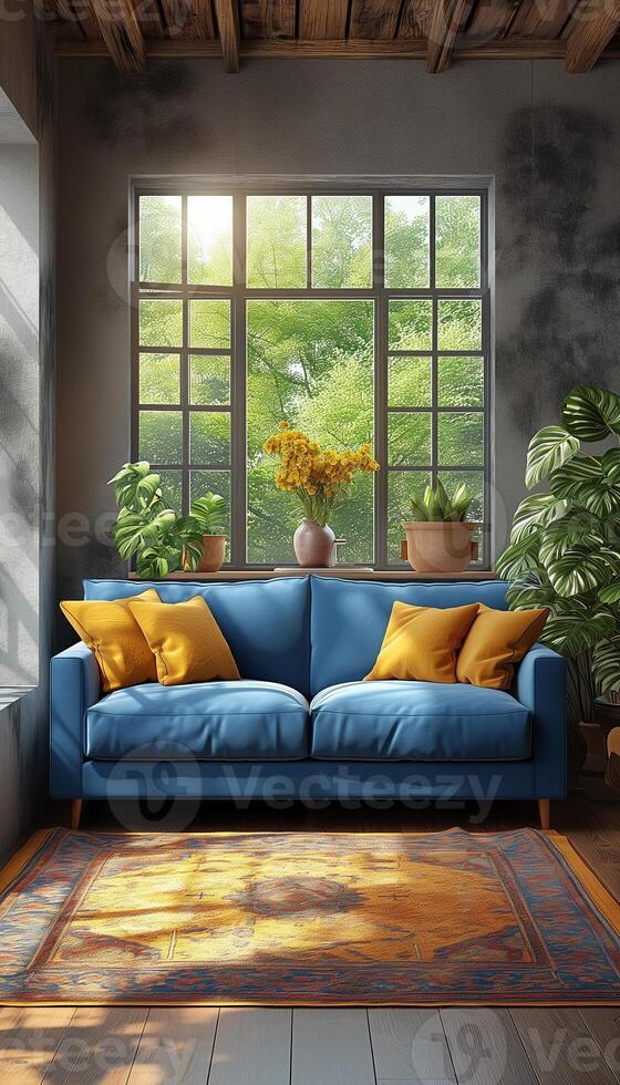 AI generated Stylish Home Interior Blue Sofa and Bright Yellow Pillows photo