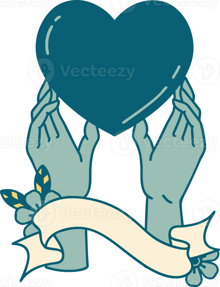 traditional tattoo with banner of hands reaching for a heart png