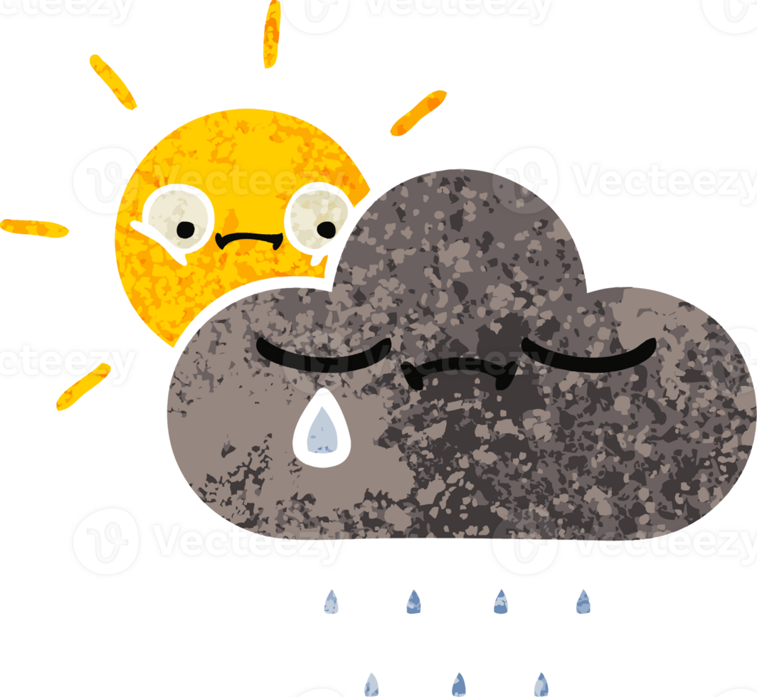 retro illustration style cartoon of a storm cloud and sun png