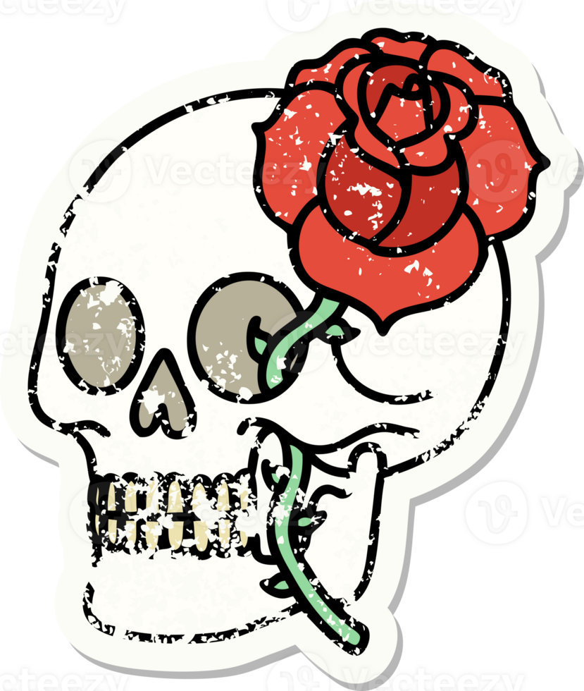 distressed sticker tattoo in traditional style of a skull and rose png