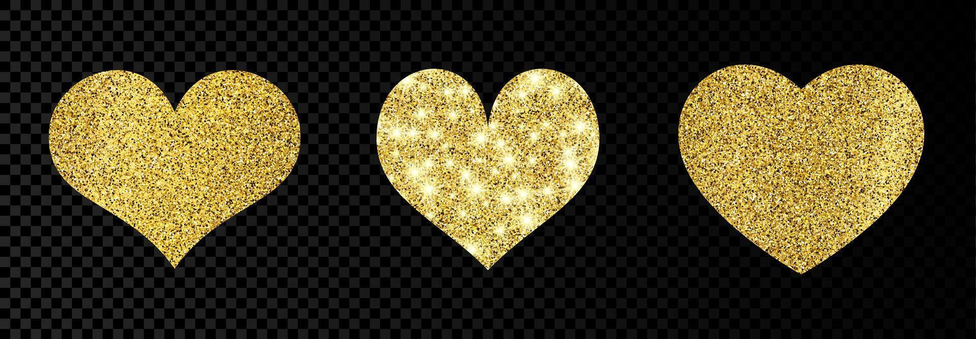 Set of three gold glittering hearts on dark background. Background with gold sparkles and glitter effect. Vector illustration