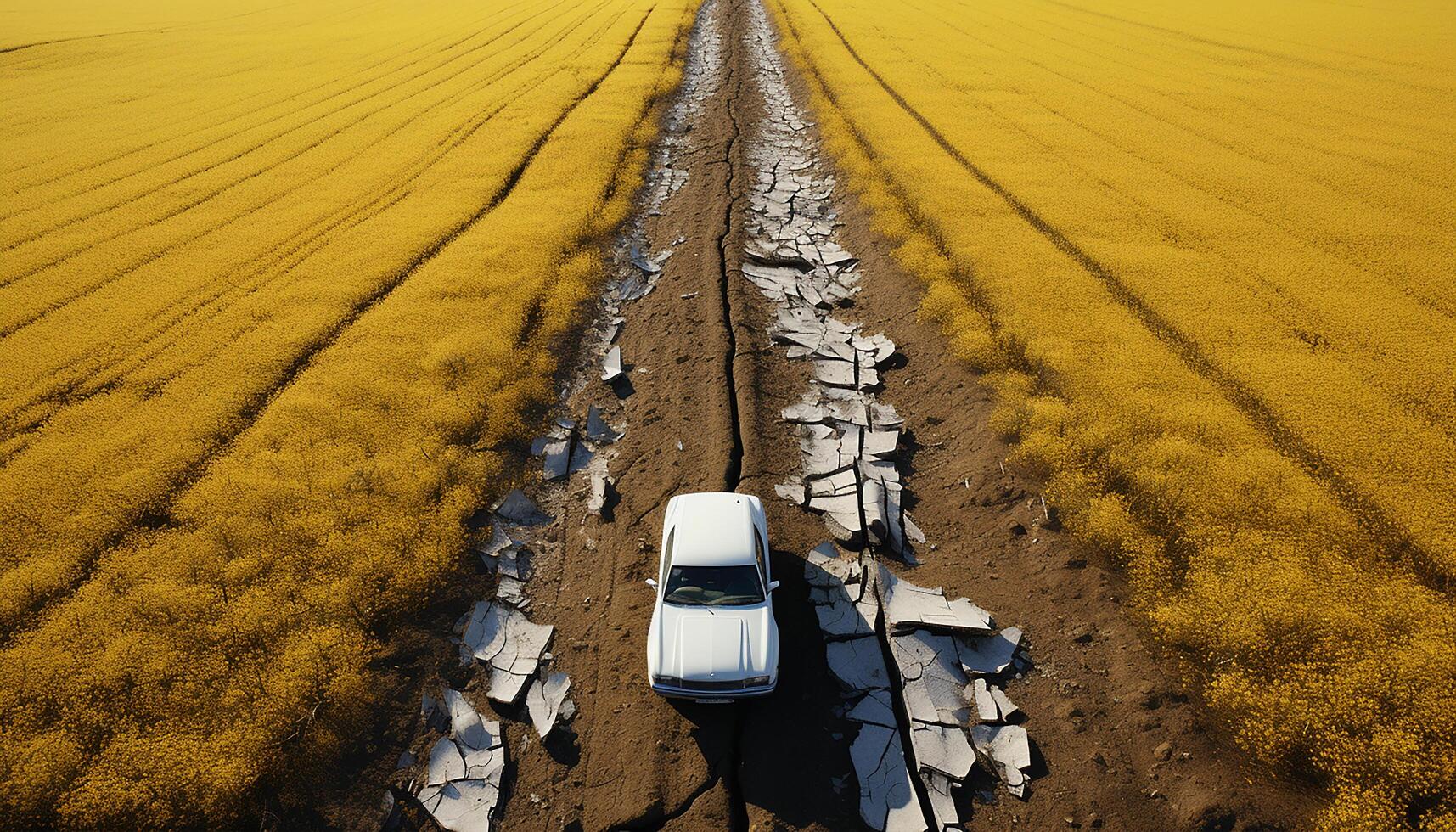 AI generated A yellow truck drives through a rural landscape of canola fields generated by AI photo