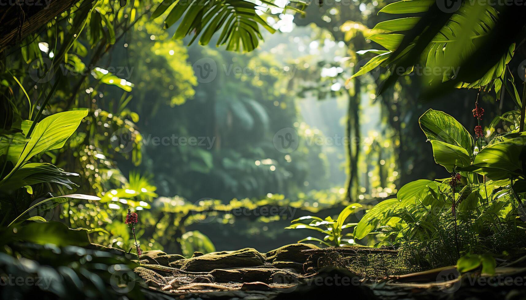 ai generado tranquilo escena verde bosque, luz de sol, mojado sendero, montaña, helecho generado por ai foto