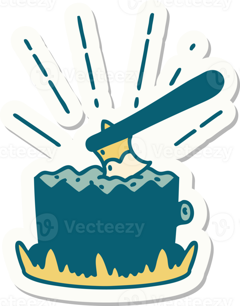 sticker of a tattoo style axe in tree stump png