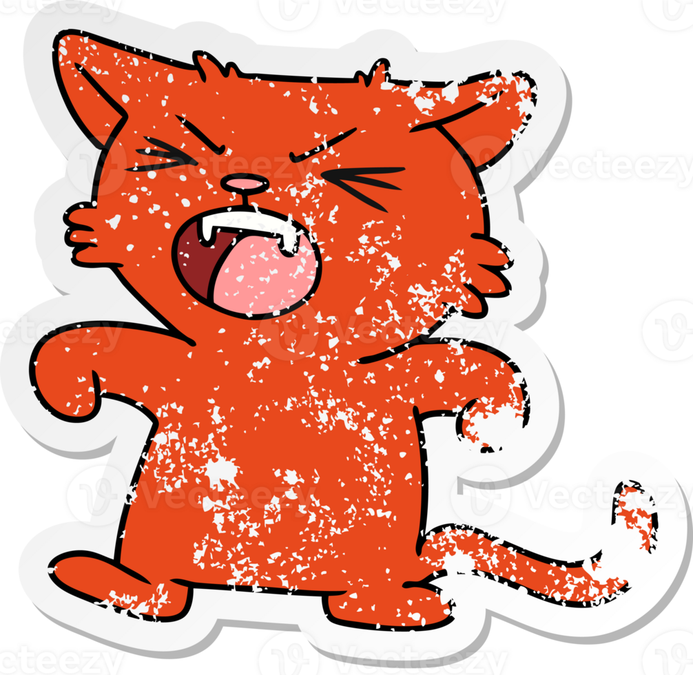 hand drawn distressed sticker cartoon doodle of a screeching cat png