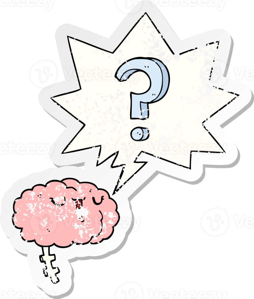 cartoon curious brain with speech bubble distressed distressed old sticker png