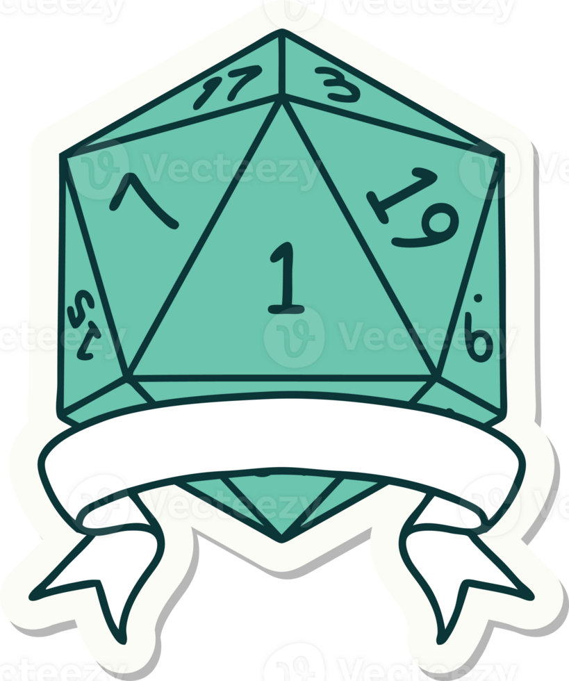 sticker of a natural one d20 dice roll png