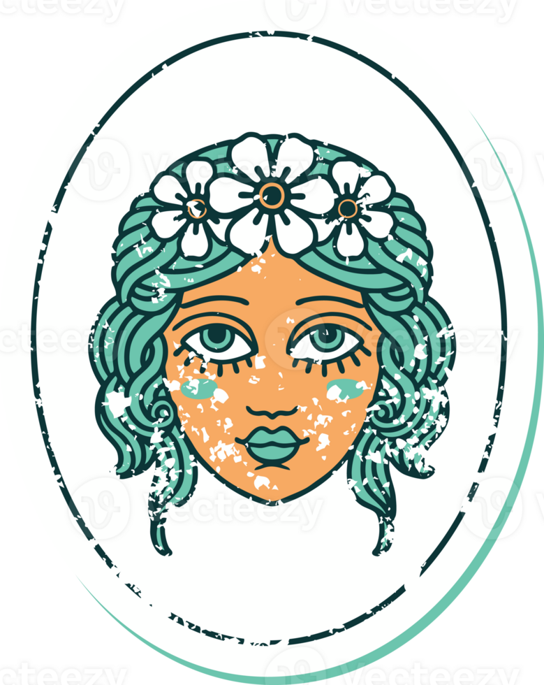 iconic distressed sticker tattoo style image of a maiden with flowers in her hair png