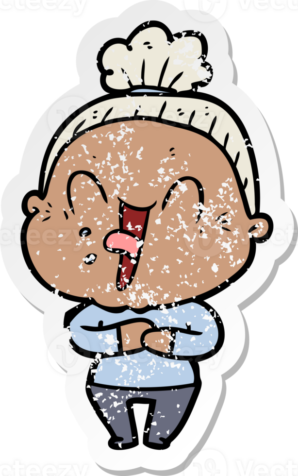 distressed sticker of a cartoon happy old woman png