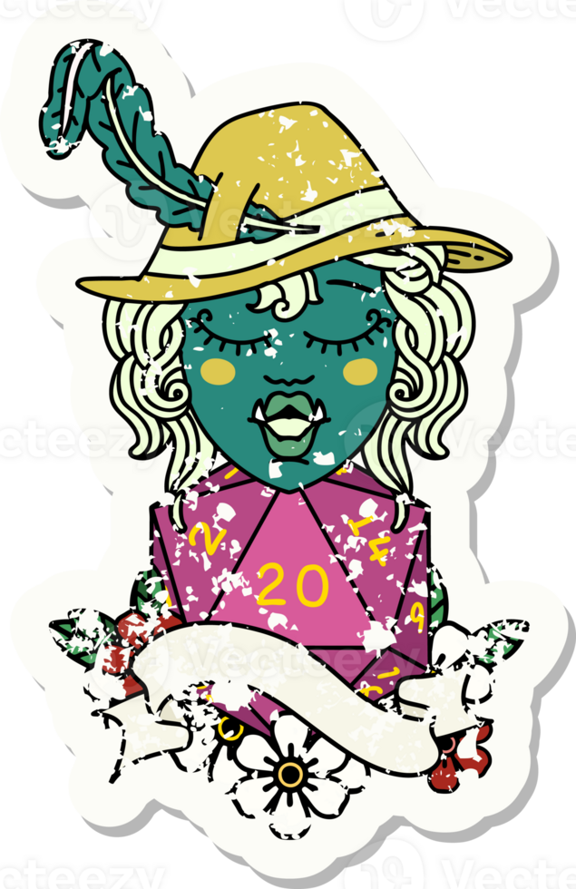 Retro Tattoo Style singing half orc bard character with natural twenty dice roll png