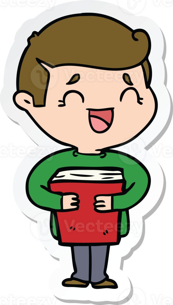 sticker of a cartoon laughing man holding book png