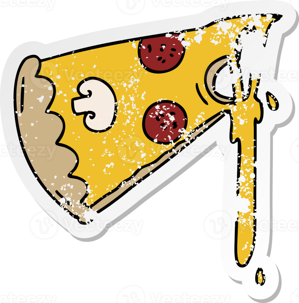distressed sticker of a quirky hand drawn cartoon slice of pizza png