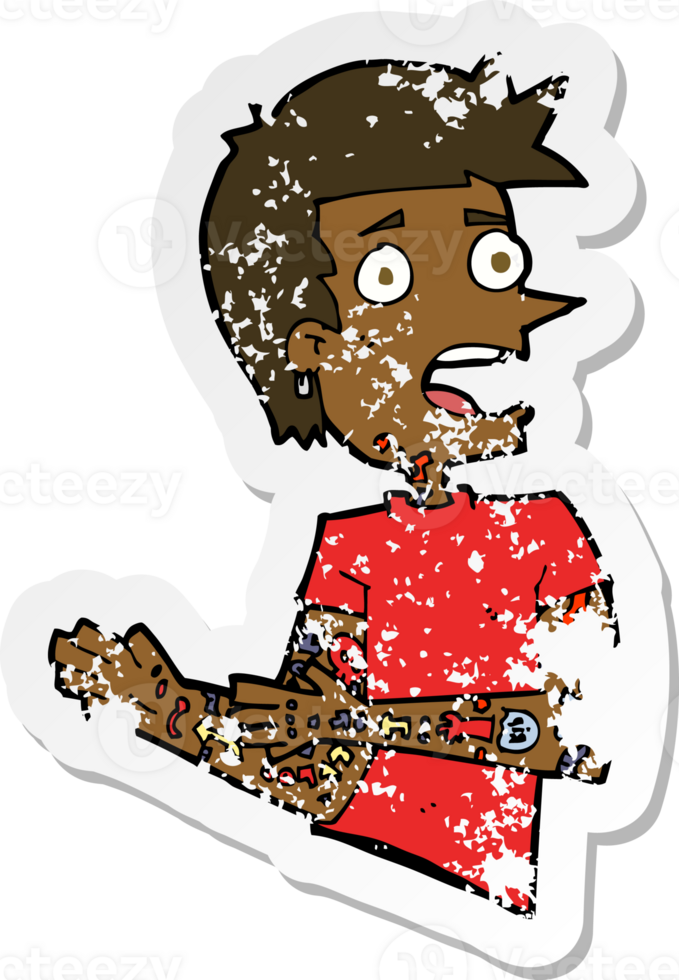 retro distressed sticker of a cartoon man with tattoos png