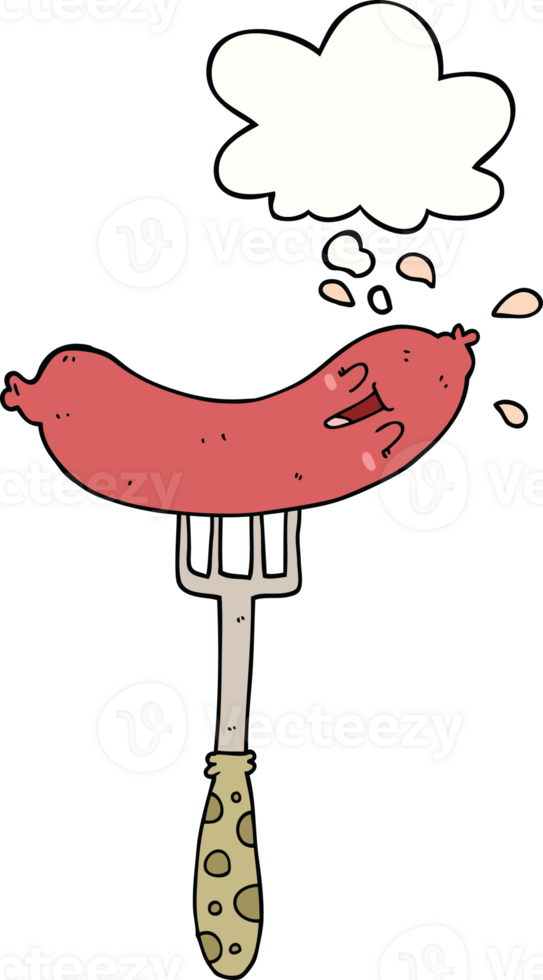 cartoon happy sausage on fork with thought bubble png