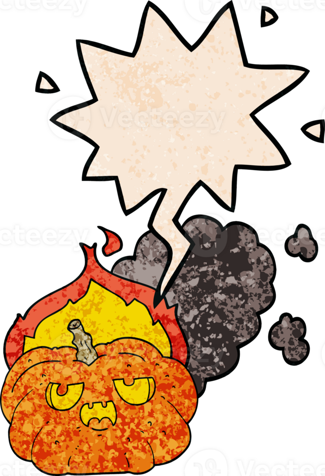 cartoon flaming halloween pumpkin with speech bubble in retro texture style png