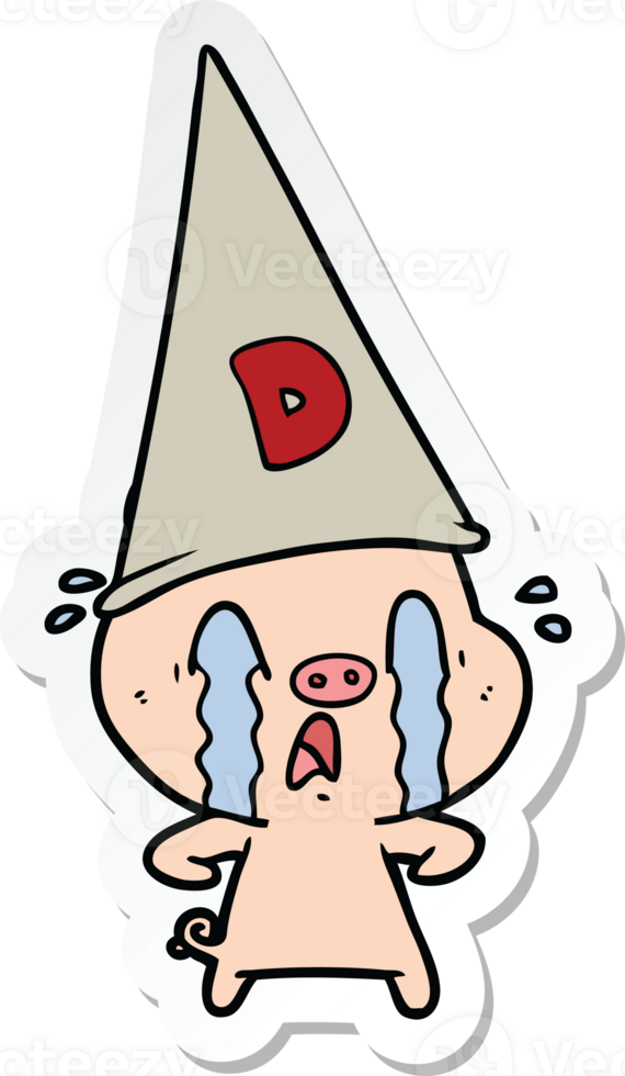 sticker of a crying pig wearing dunce hat png