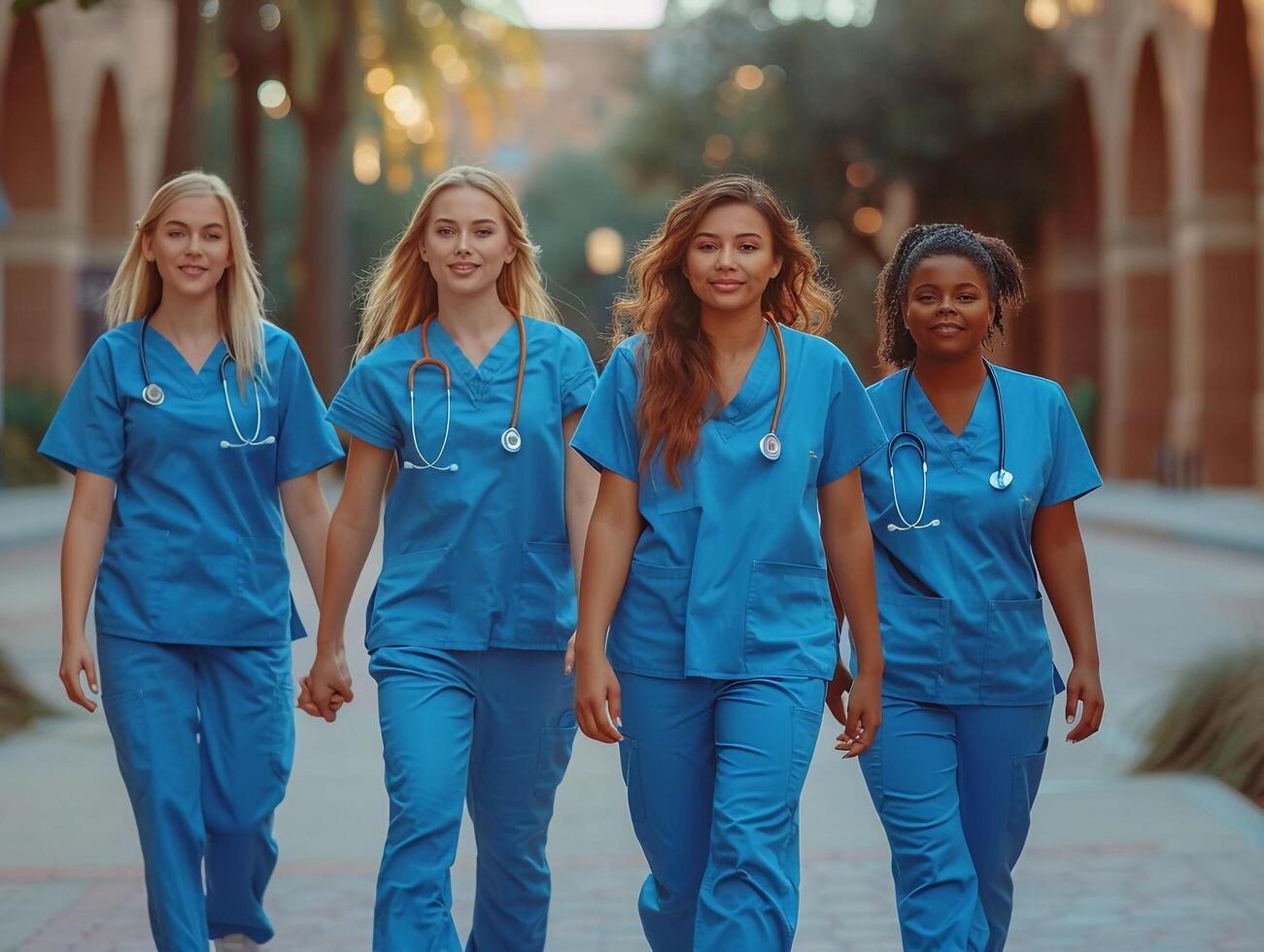 ai generado diverso de médico estudiante caminando en el Universidad foto