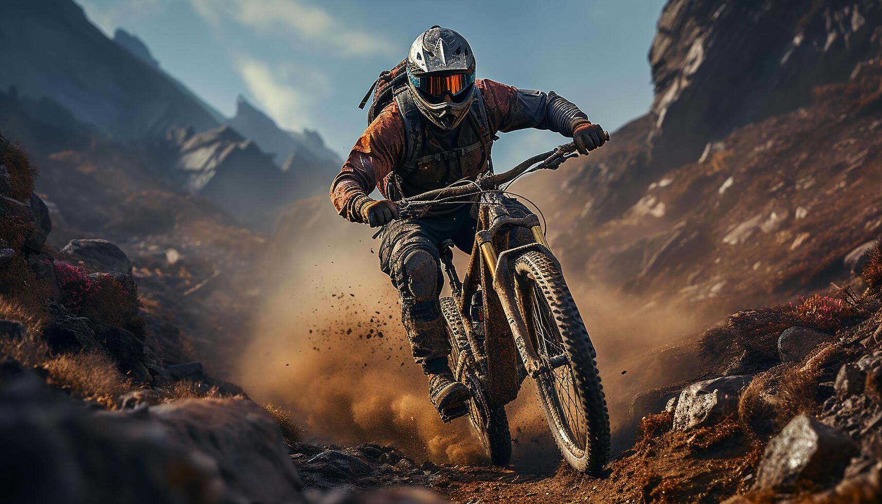 AI generated Men riding motorcycles in a mountain race, extreme sports adventure generated by AI photo