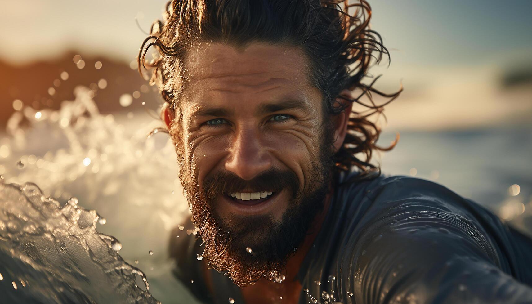 ai generado uno hombre disfrutando verano agua divertido, sonriente y mirando a cámara generado por ai foto