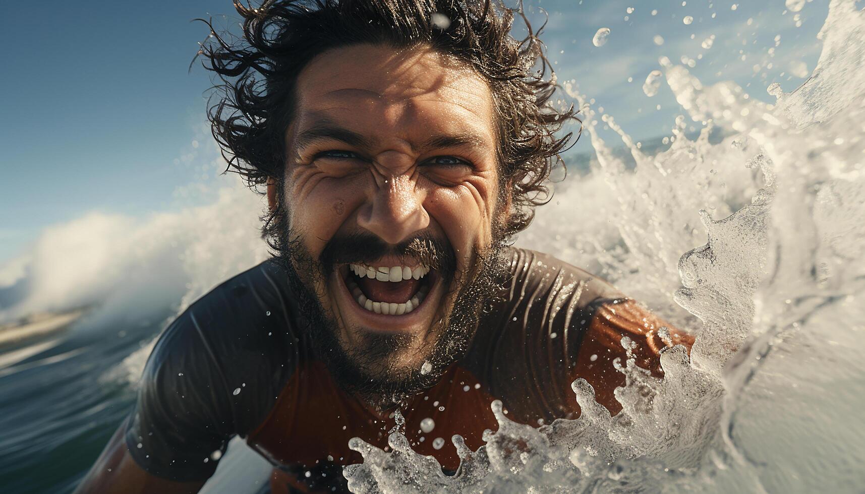 ai generado uno hombre sonriente, disfrutando el al aire libre, salpicaduras en el agua generado por ai foto