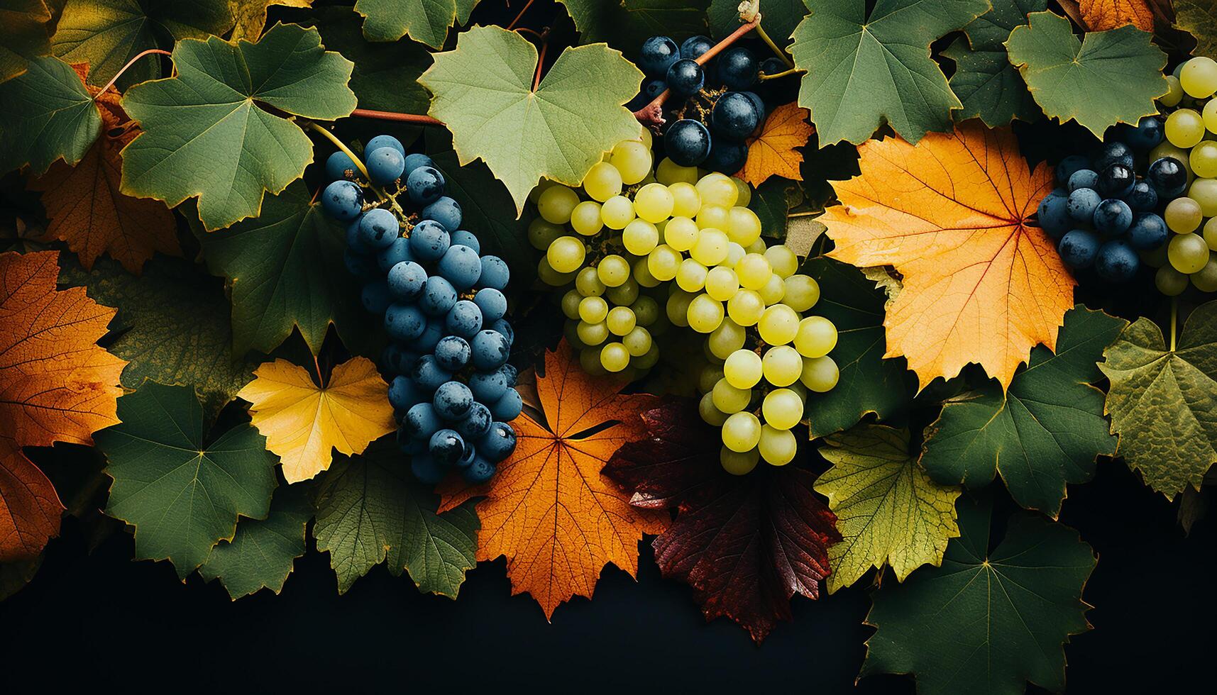 AI generated Autumn vineyard vibrant grape bunches on a colorful background generated by AI photo