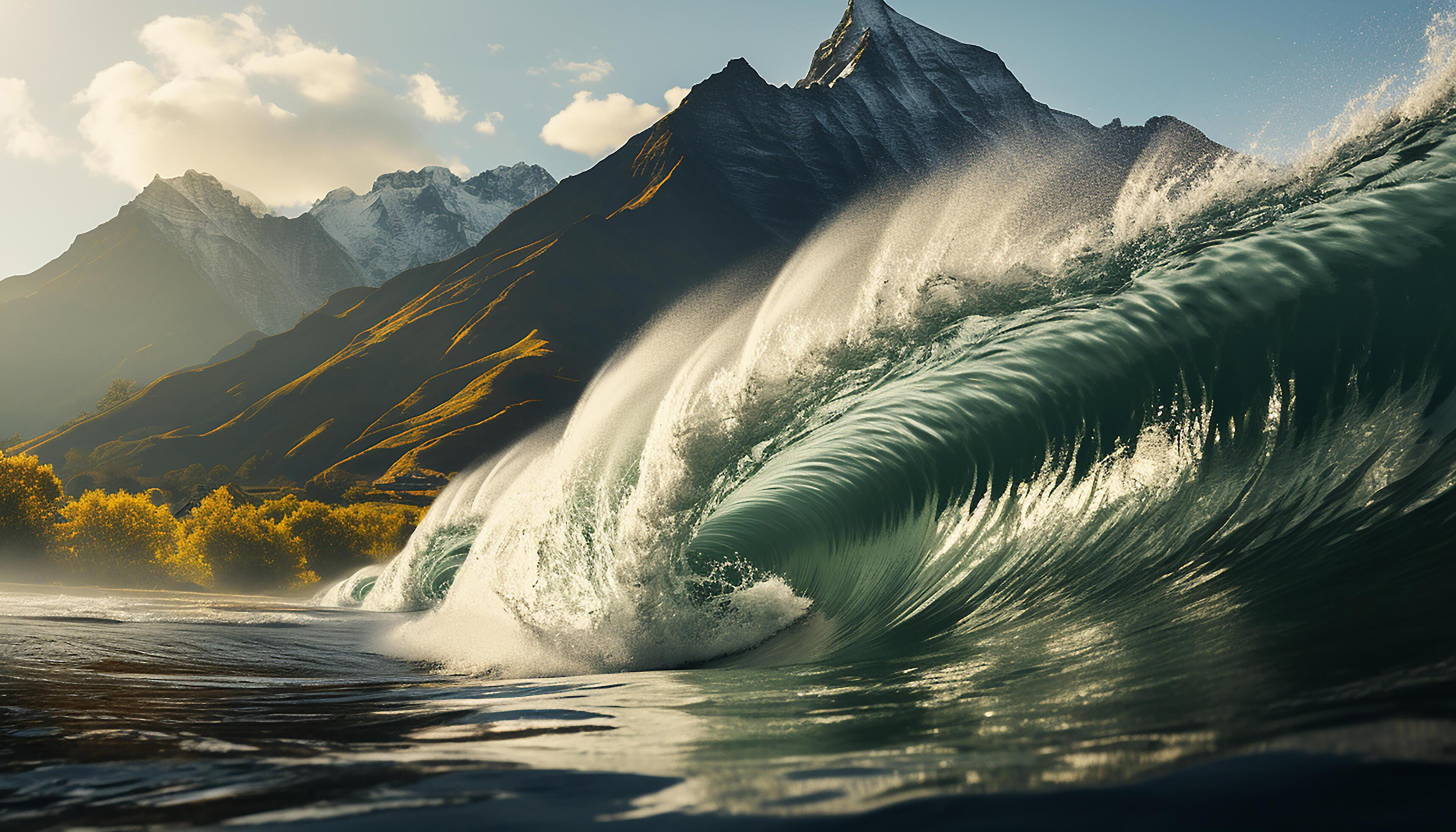 AI generated Surfing men spray majestic waves on mountainous coastline 