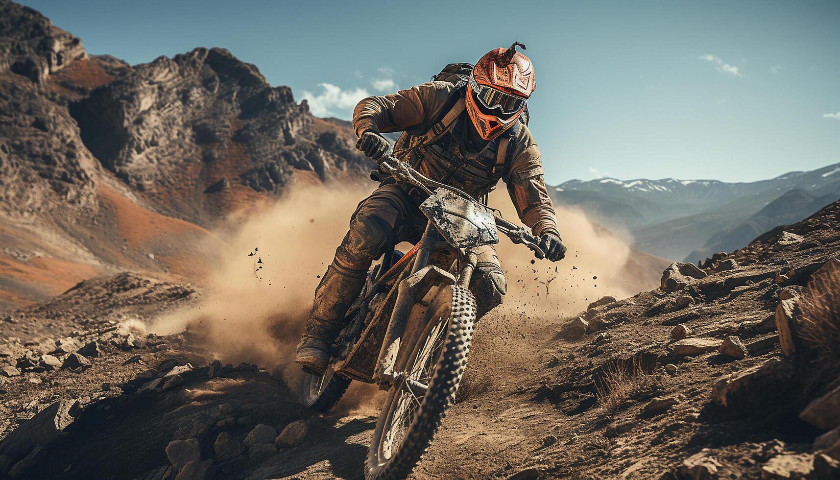 AI generated Men riding motorcycles in extreme sports adventure race off road generated by AI photo