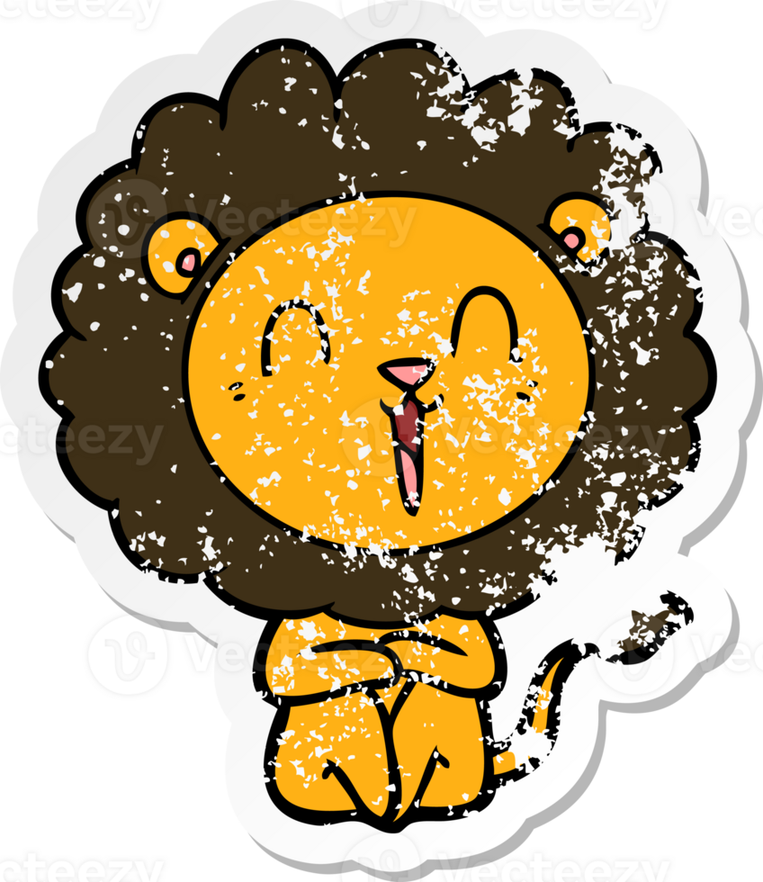 distressed sticker of a laughing lion cartoon png