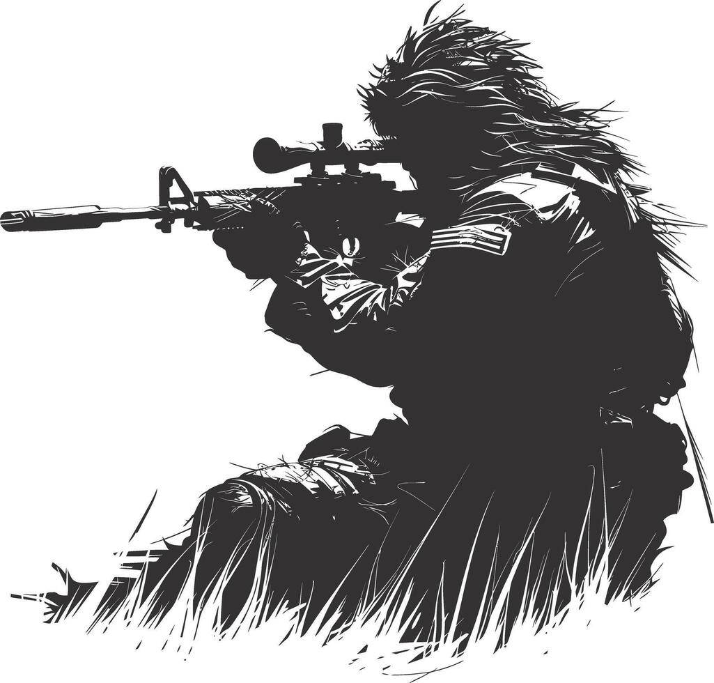 AI generated Silhouette sniper in action black color only full body vector