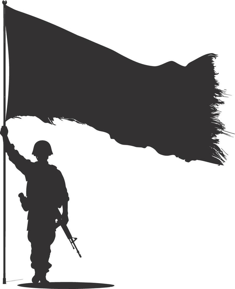 AI generated Silhouette Soldiers or Army pose in front of the black flag black color only vector