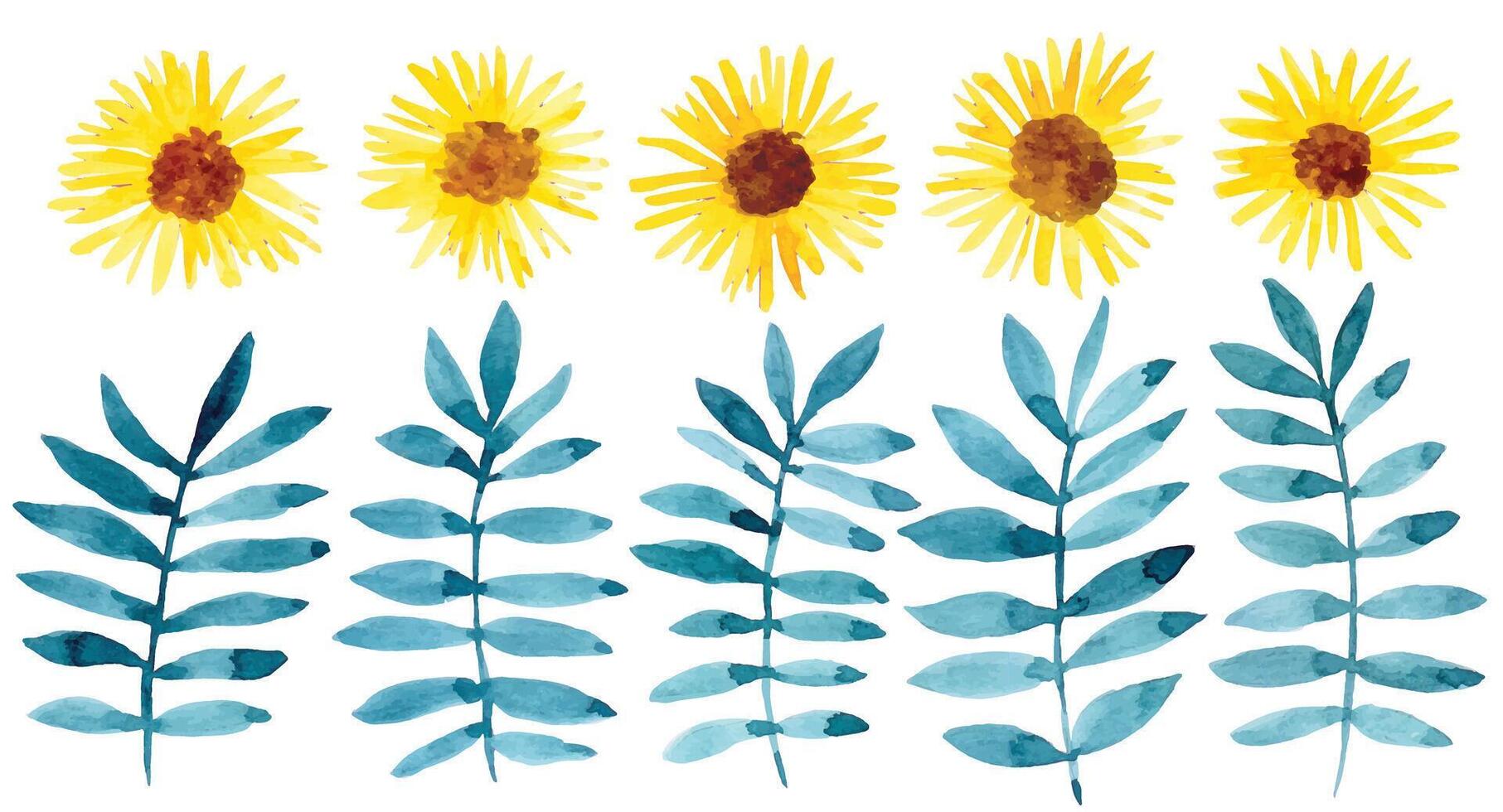 set with watercolor abstract flowers and leaves. yellow sunflower flowers vector