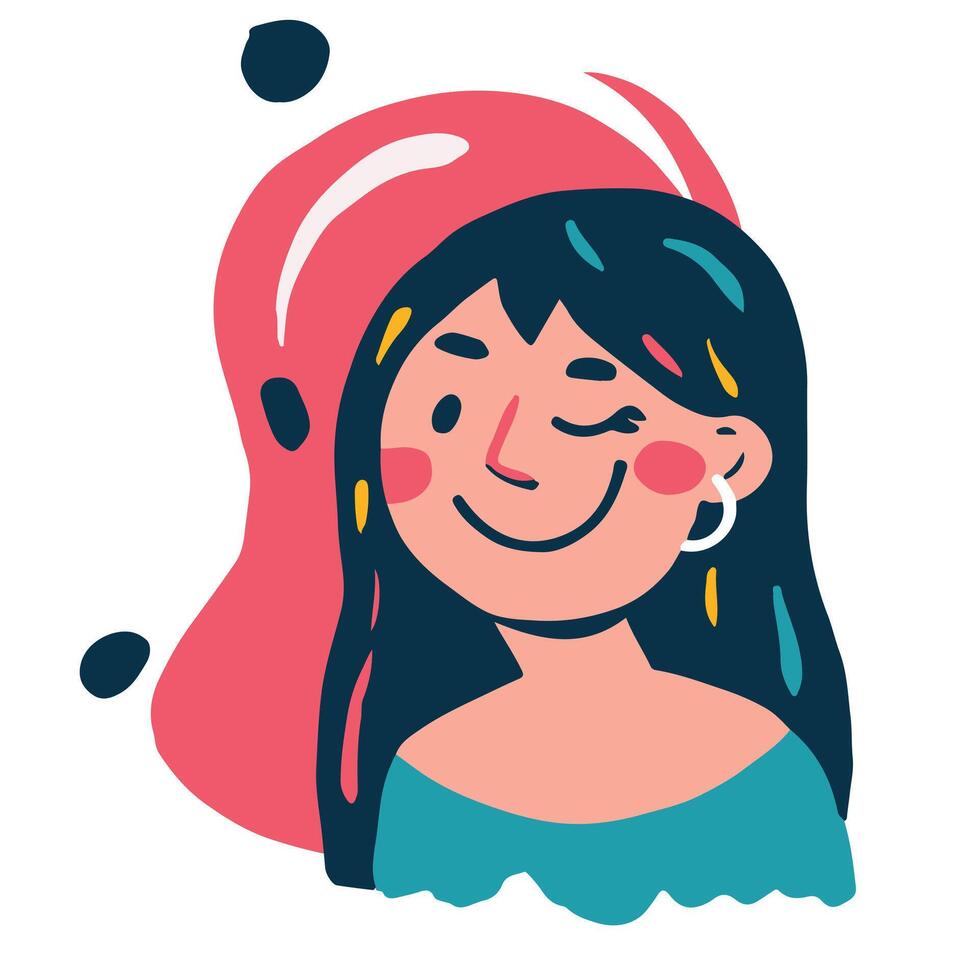 funny portrait of a young woman, illustration in cartoon style. trendy colors and abstract spots vector