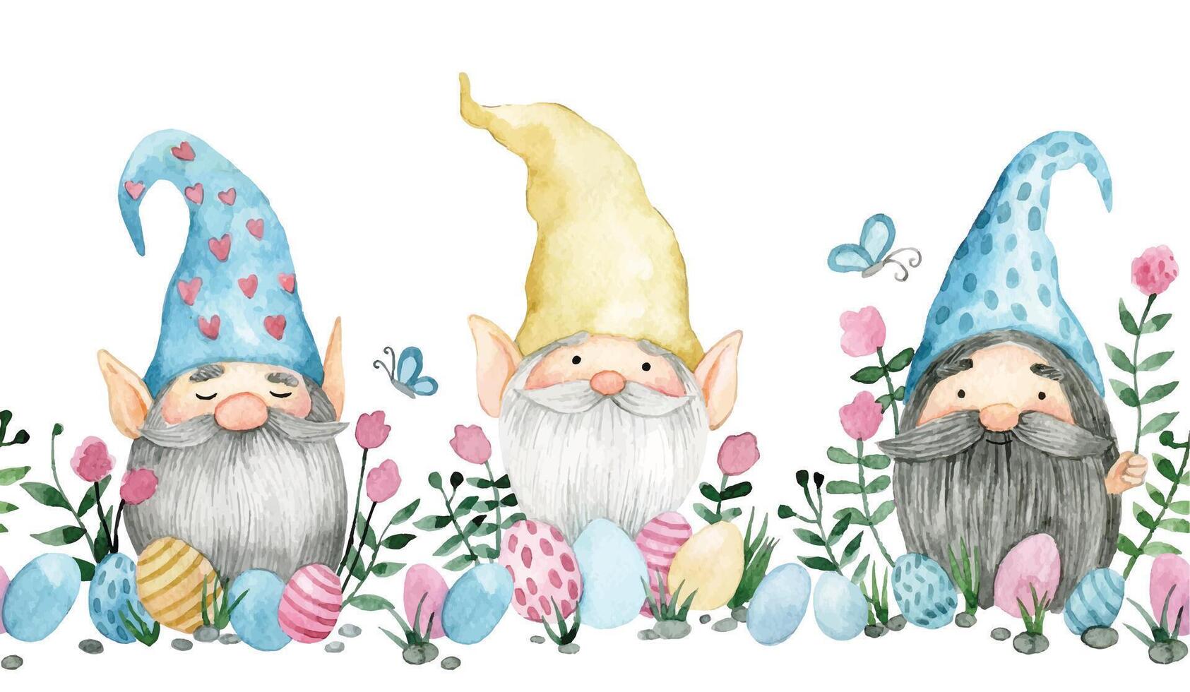 seamless border with cute gnomes with Easter eggs and flowers. watercolor drawing on the theme of Easter. vector