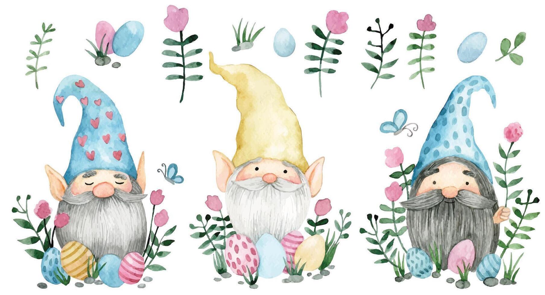set with cute gnomes with Easter eggs and flowers. watercolor drawing on the theme of Easter. vector