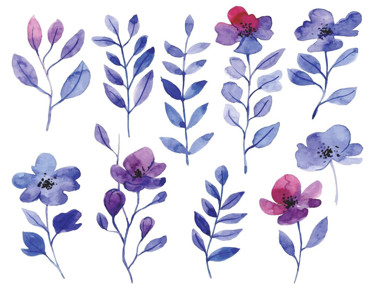 set with watercolor abstract flowers in blue and pink. delicate pattern vector