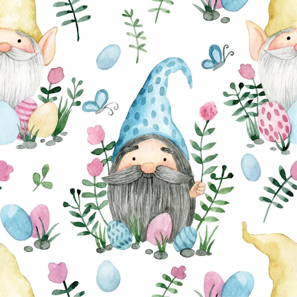 seamless pattern with cute gnomes with Easter eggs and flowers. watercolor drawing on the theme of Easter. vector