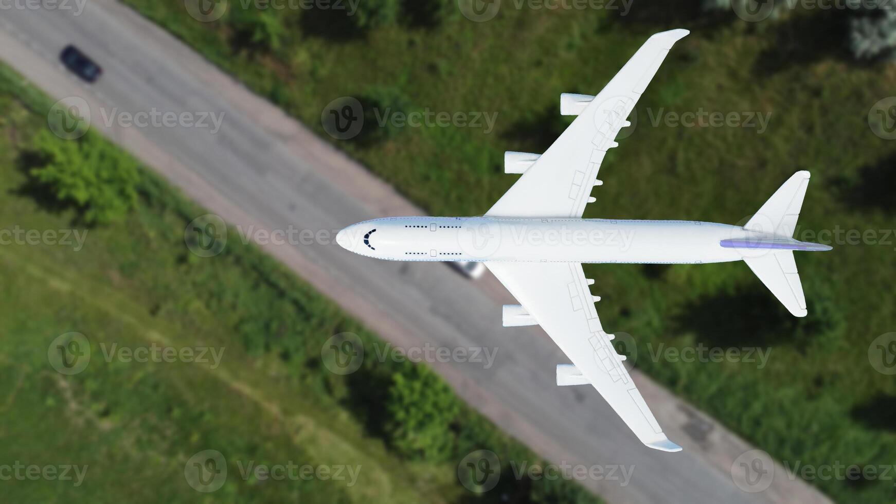 plane flies above the landscape. Side view of aircraft. Travel and transportation concept. photo