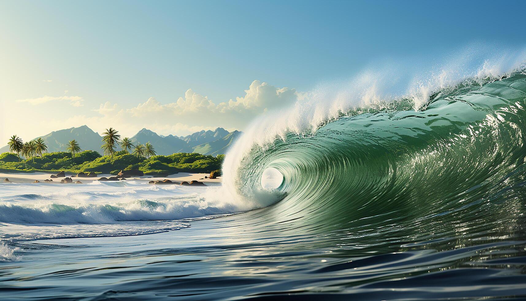 AI generated Men surf crashing waves in the tropical mountain forest generated by AI photo