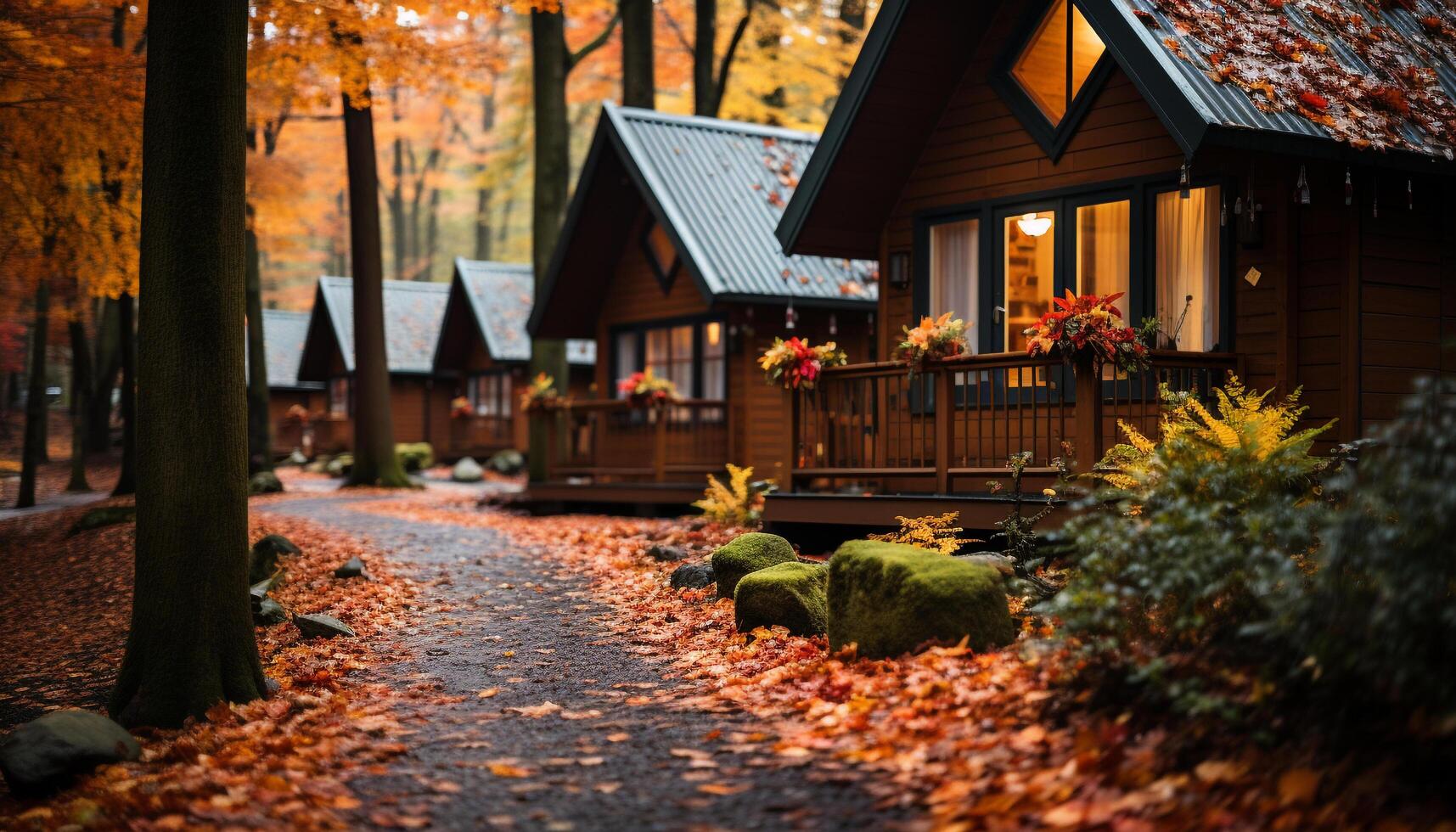 AI generated Autumn beauty in nature yellow leaves, rustic cottage, tranquil forest generated by AI photo