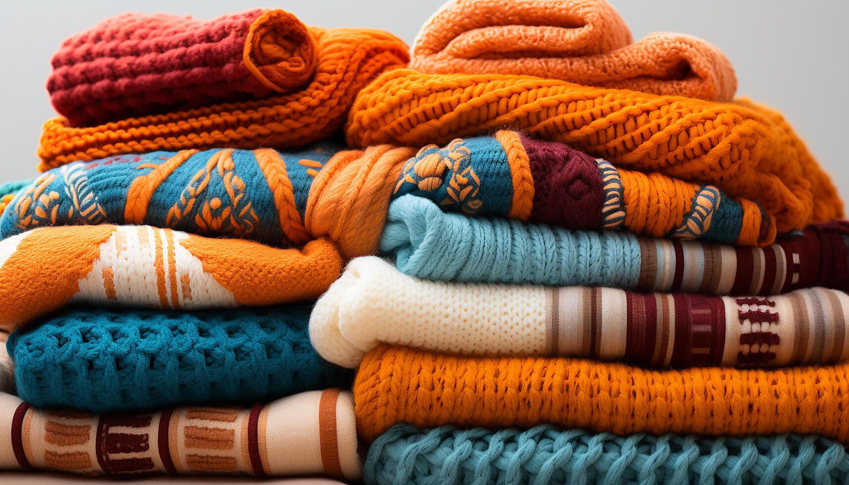 AI generated A vibrant collection of multi colored wool clothing stacked close up generated by AI photo