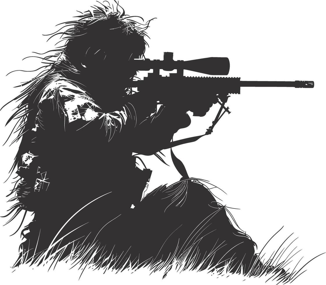 AI generated Silhouette sniper in action black color only full body vector