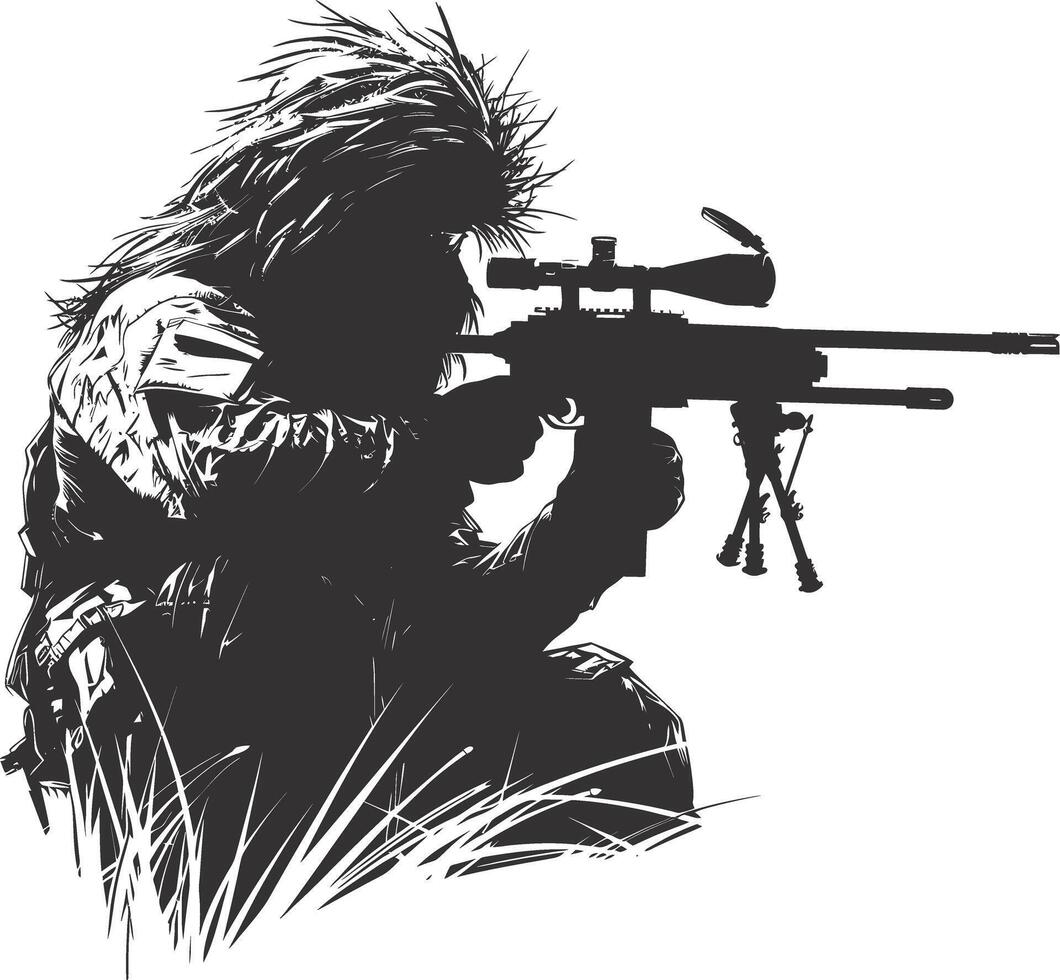 AI generated Silhouette sniper in action black color only full body vector