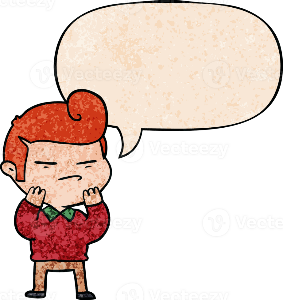 cartoon cool guy with fashion hair cut with speech bubble in retro texture style png