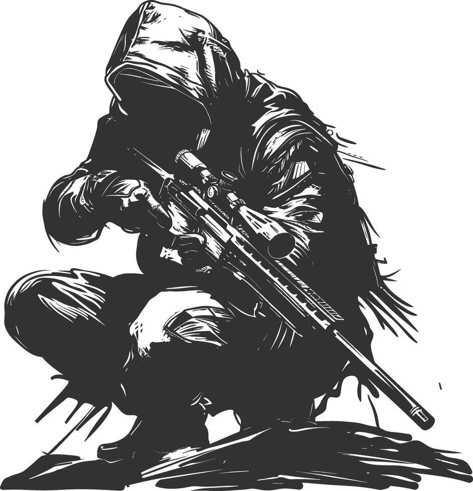 AI generated Silhouette sniper in action black color only full body vector