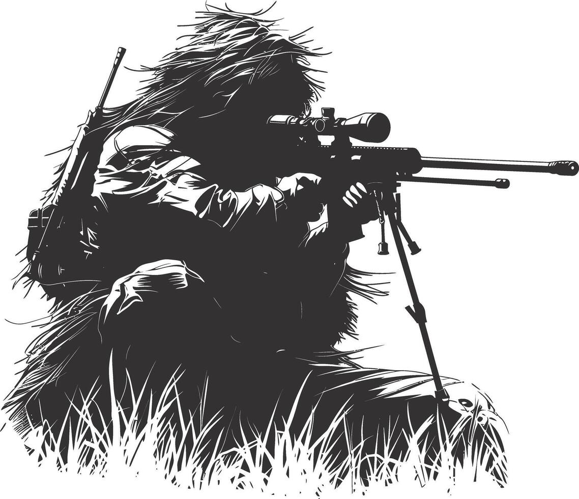 AI generated Silhouette sniper in action black color only full body vector