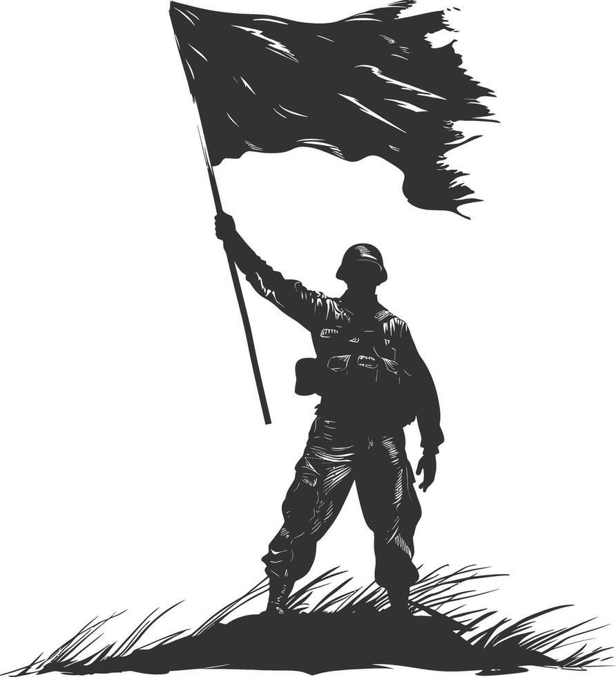 ai generado silueta soldados o Ejército actitud en frente de el negro bandera negro color solamente vector