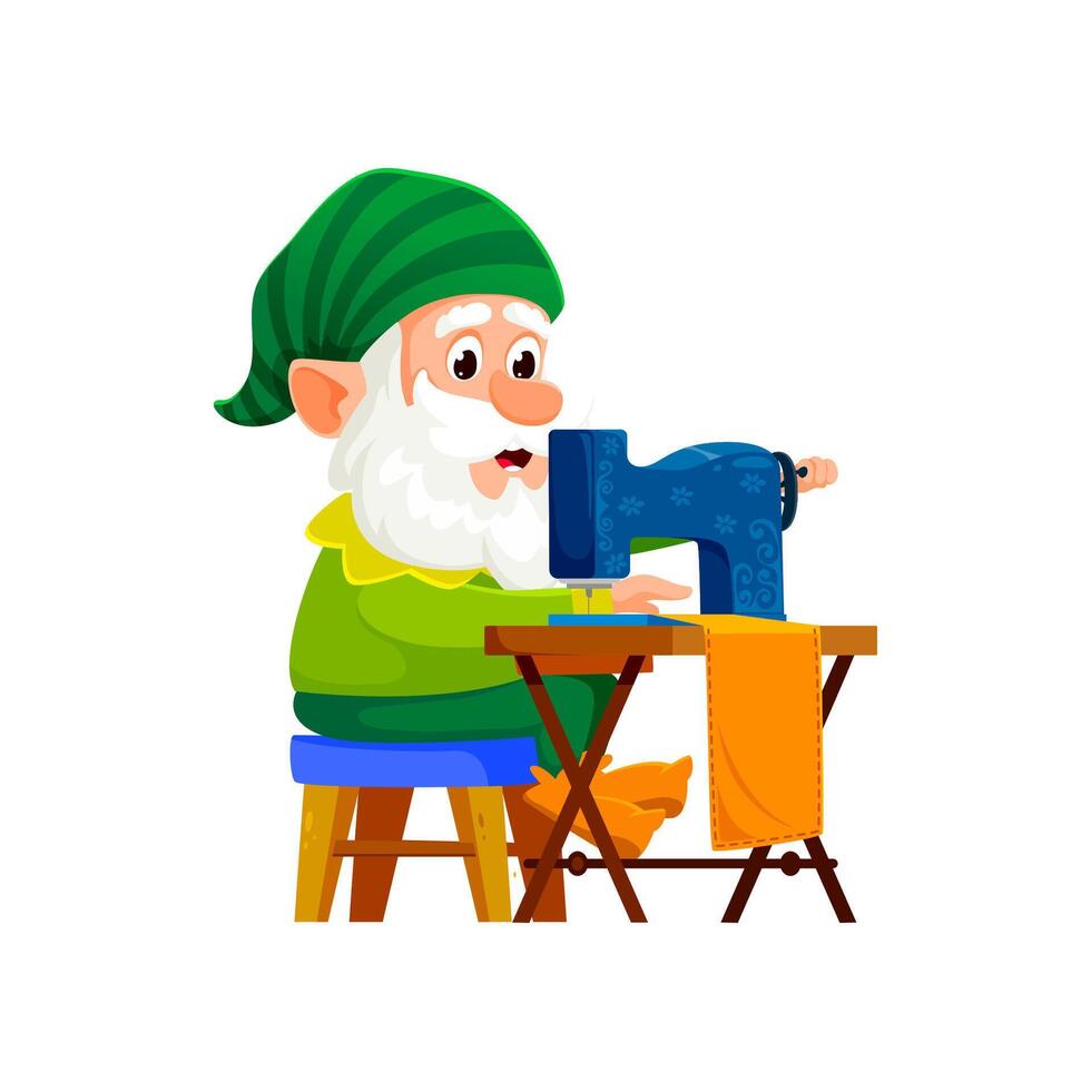 Cartoon gnome tailor sewing clothes on machine vector