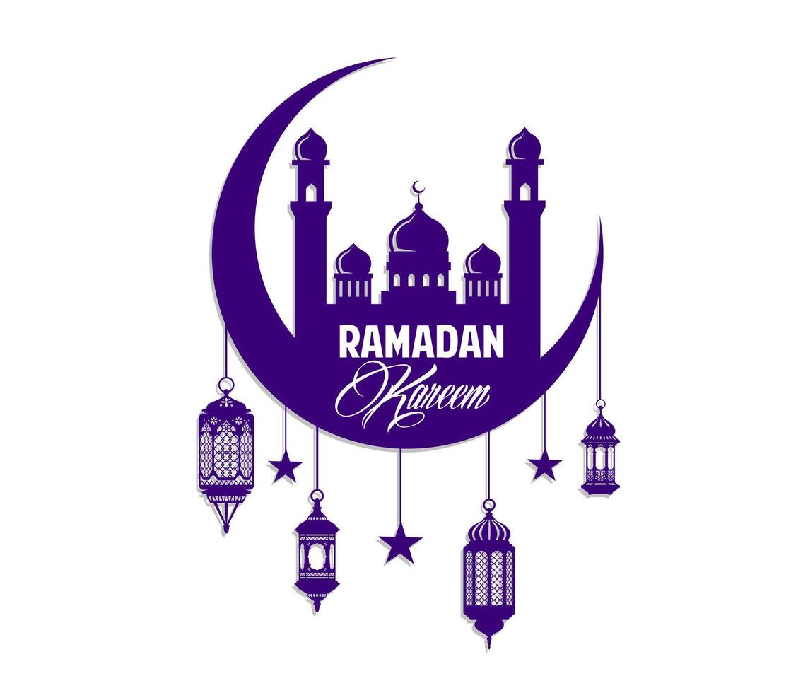Ramadan kareem crescent moon, mosque silhouette vector