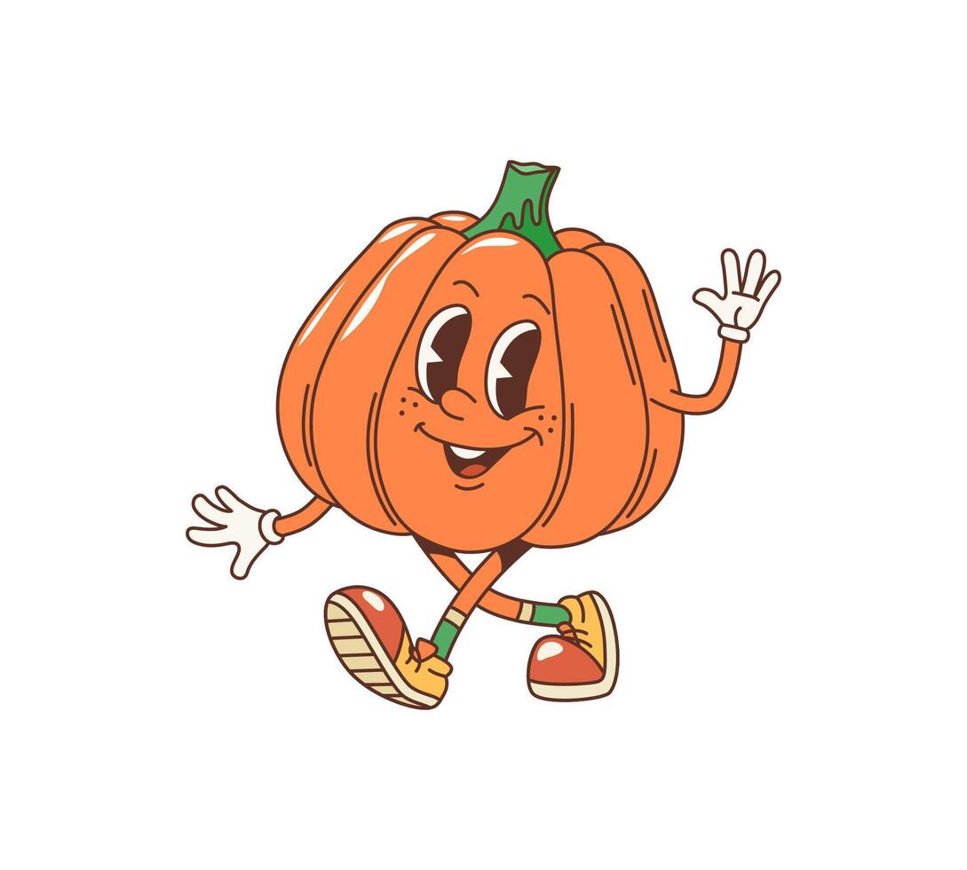Cartoon pumpkin groovy character, funky vegetable vector