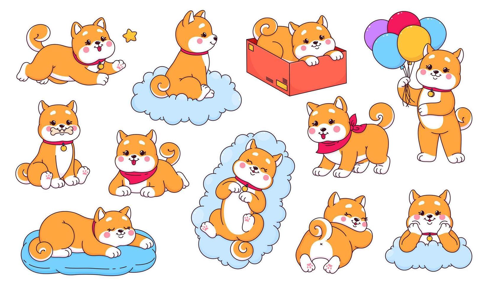 dibujos animados kawaii shiba inu perro y perrito caracteres vector